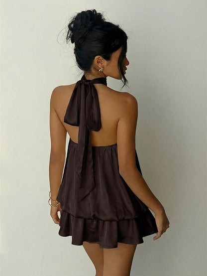 Aloruh Women's Solid Color Ruched Halter Neck Mini Dress, Fashionable For Dates And Parties, Summer, Dark Brown, Commuter Night Out Date Night Sexy