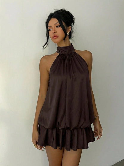 Aloruh Women's Solid Color Ruched Halter Neck Mini Dress, Fashionable For Dates And Parties, Summer, Dark Brown, Commuter Night Out Date Night Sexy