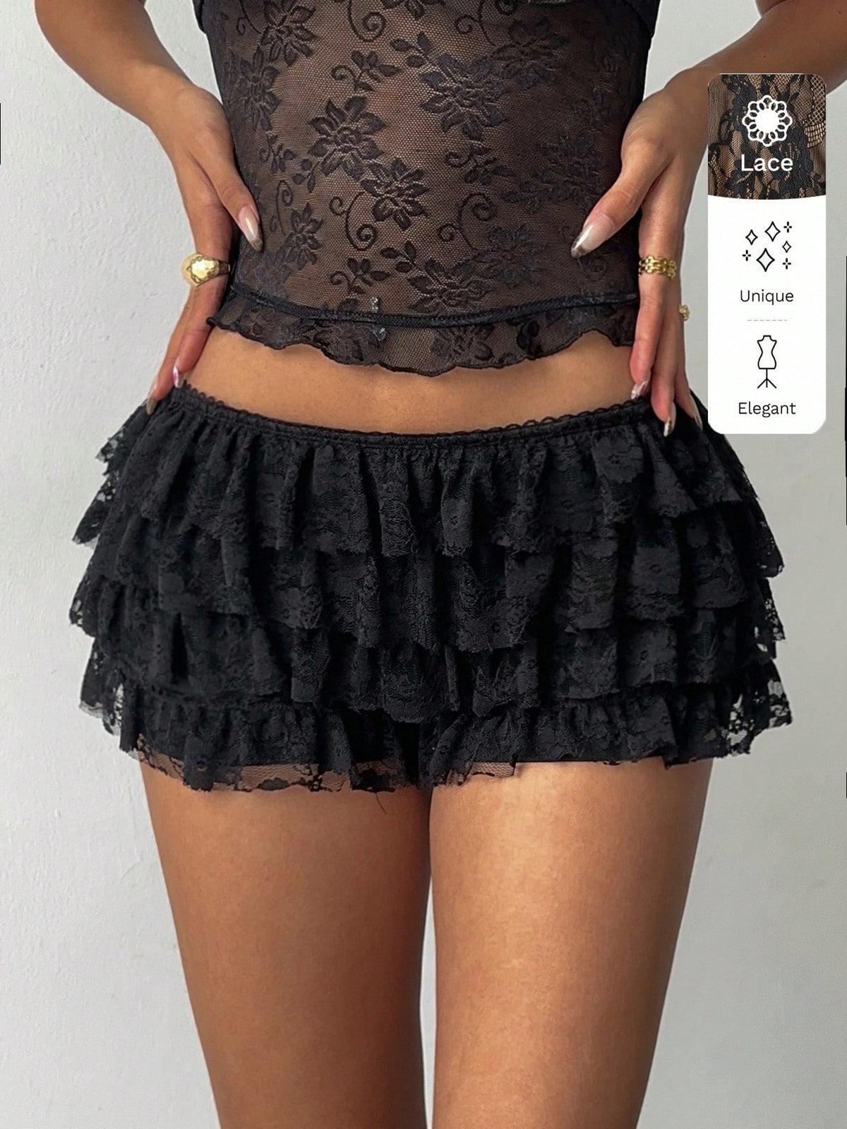 Aloruh Women's Summer New Halloween Black Punk Rock Laced Sexy Bohemian Music Festival Y2K Lace Tiered Ruffle Super Short Ultra Low Waist Shorts Party