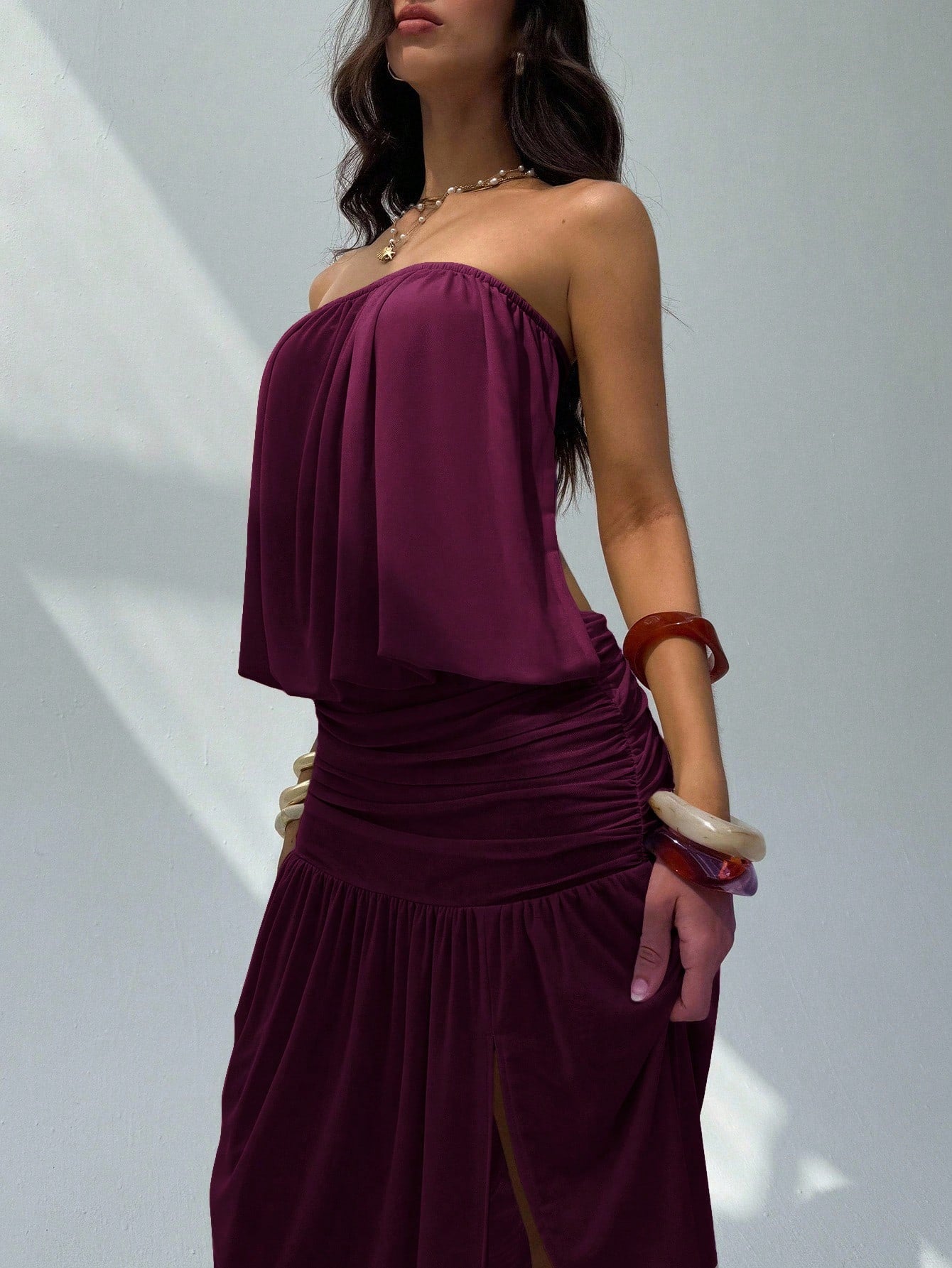 Aloruh Women's Summer Plum Elegant Strapless Backless Dress,Vacation Solid Color Drapery Design Long Dress,Umbrella Hem Sheer Outfits For Holiday