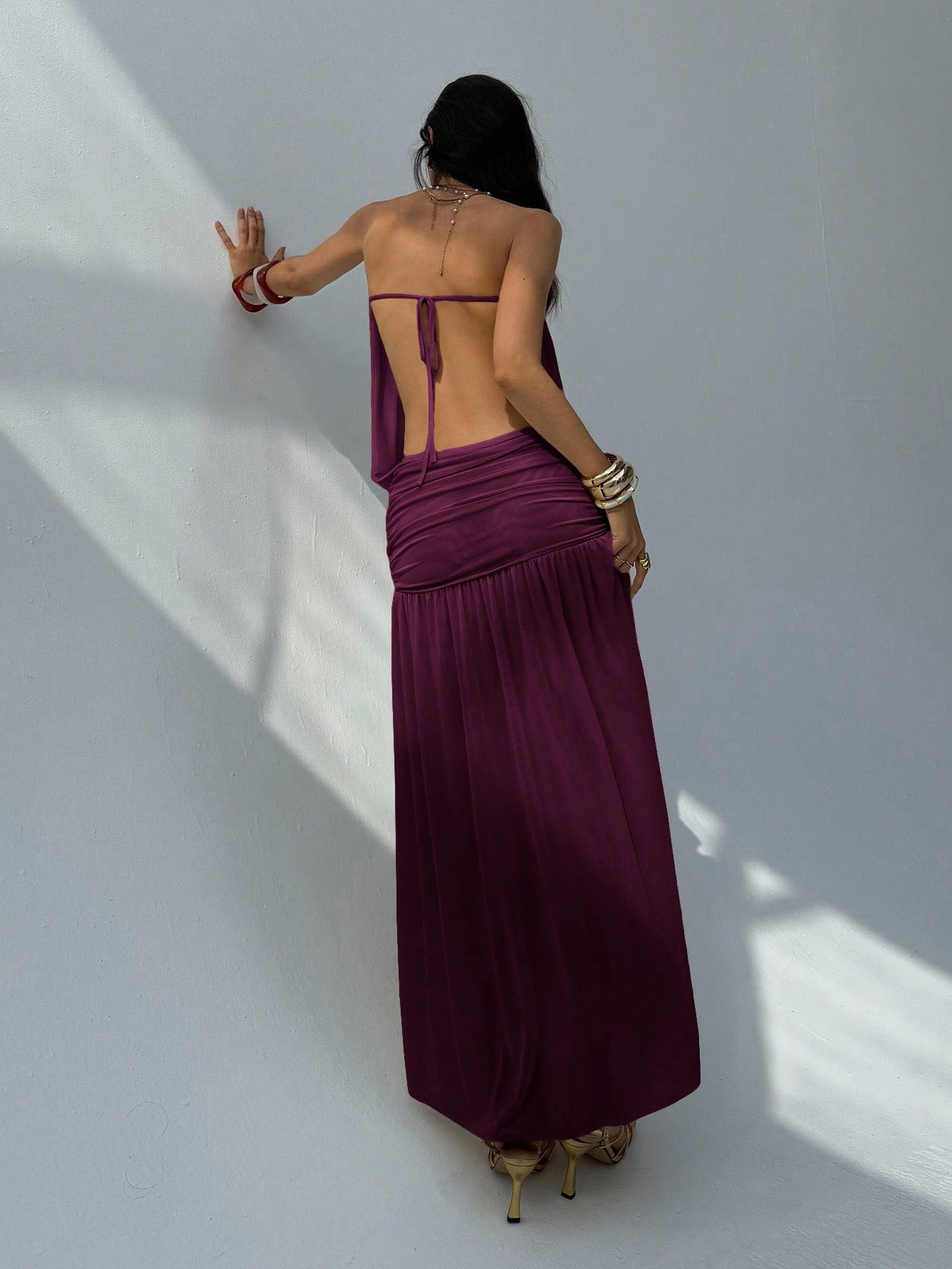 Aloruh Women's Summer Plum Elegant Strapless Backless Dress,Vacation Solid Color Drapery Design Long Dress,Umbrella Hem Sheer Outfits For Holiday
