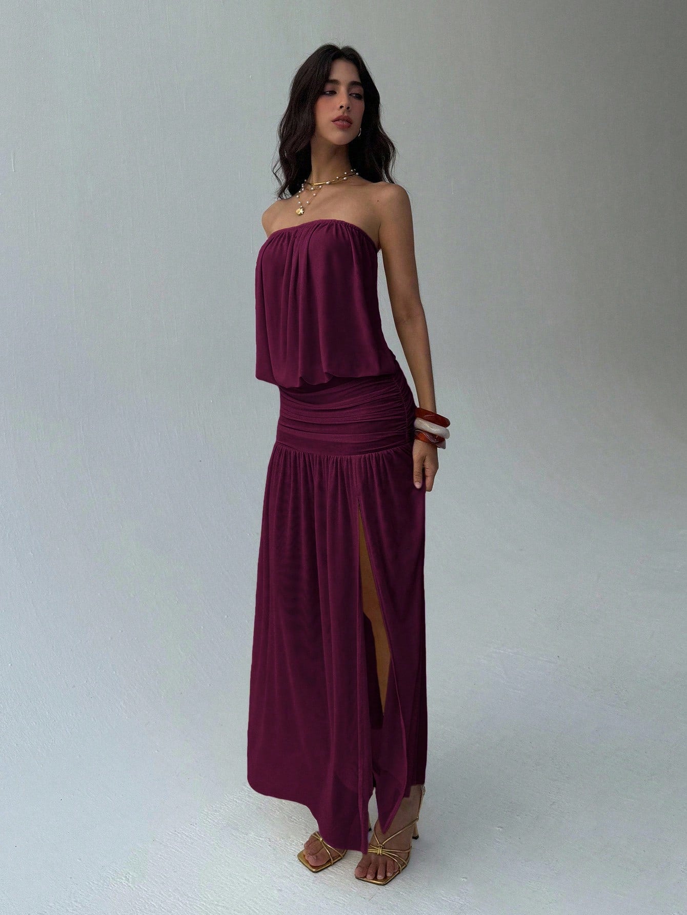 Aloruh Women's Summer Plum Elegant Strapless Backless Dress,Vacation Solid Color Drapery Design Long Dress,Umbrella Hem Sheer Outfits For Holiday