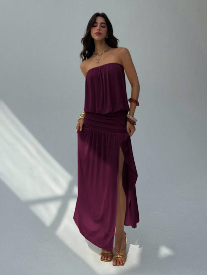 Aloruh Women's Summer Plum Elegant Strapless Backless Dress,Vacation Solid Color Drapery Design Long Dress,Umbrella Hem Sheer Outfits For Holiday
