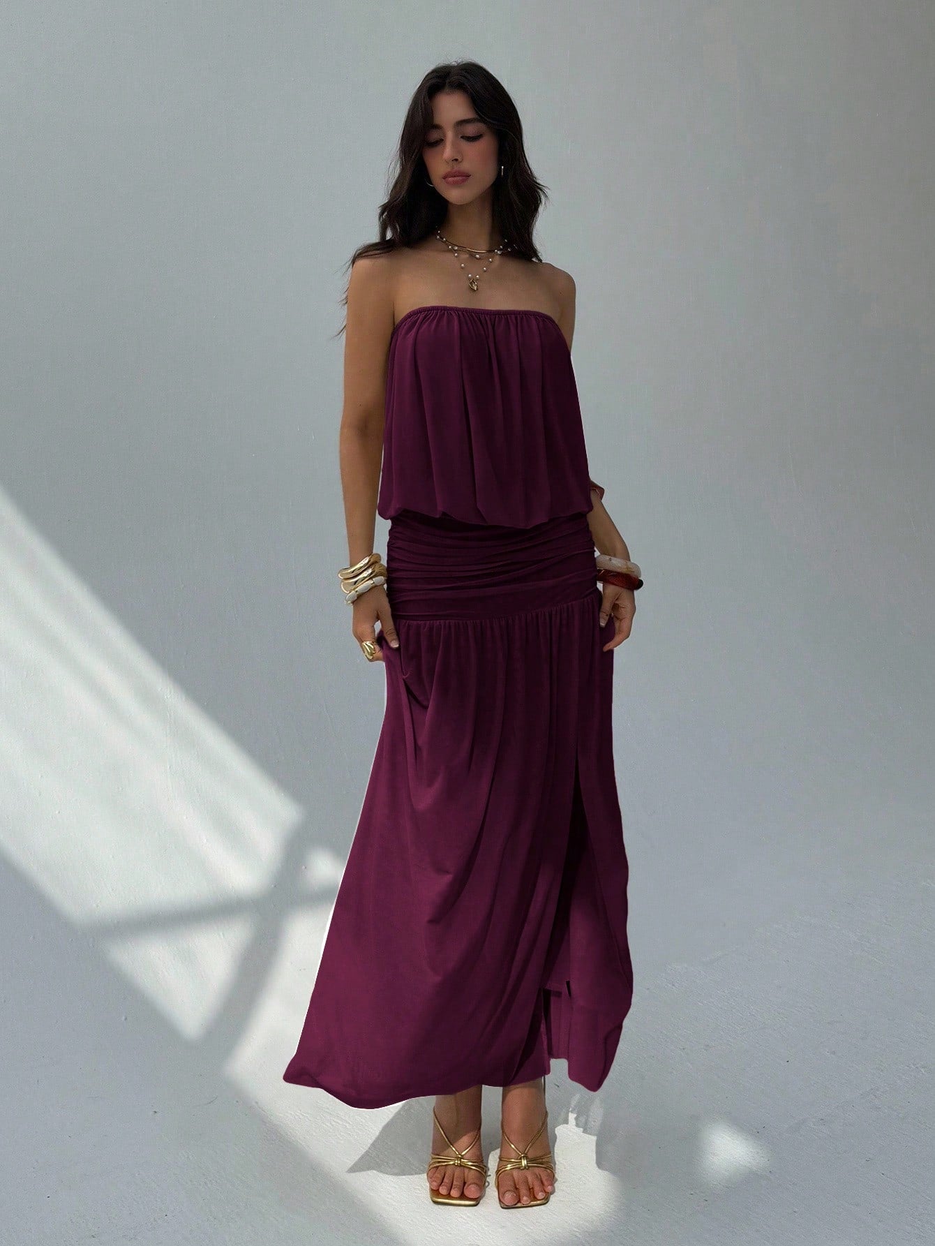Aloruh Women's Summer Plum Elegant Strapless Backless Dress,Vacation Solid Color Drapery Design Long Dress,Umbrella Hem Sheer Outfits For Holiday