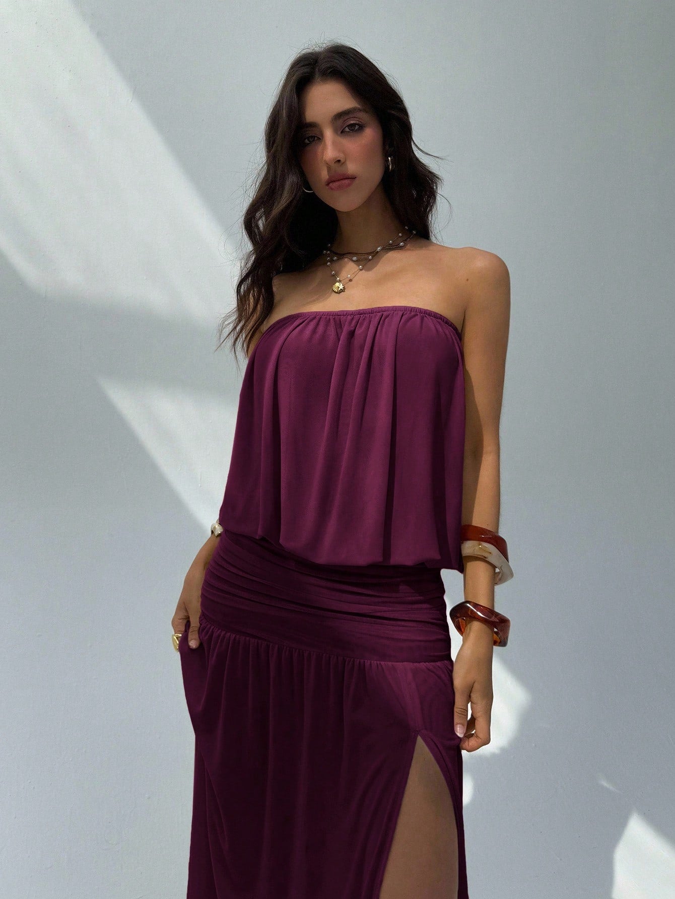 Aloruh Women's Summer Plum Elegant Strapless Backless Dress,Vacation Solid Color Drapery Design Long Dress,Umbrella Hem Sheer Outfits For Holiday