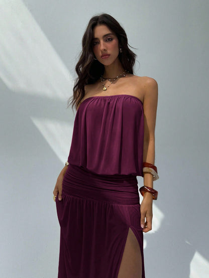 Aloruh Women's Summer Plum Elegant Strapless Backless Dress,Vacation Solid Color Drapery Design Long Dress,Umbrella Hem Sheer Outfits For Holiday