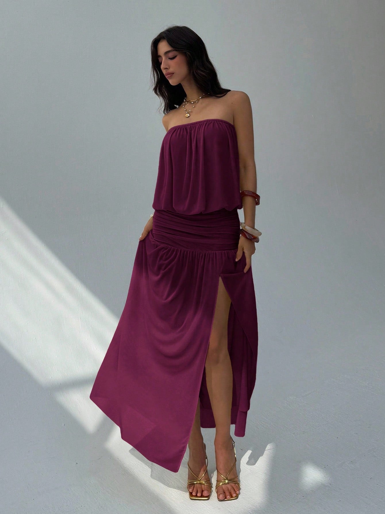 Aloruh Women's Summer Plum Elegant Strapless Backless Dress,Vacation Solid Color Drapery Design Long Dress,Umbrella Hem Sheer Outfits For Holiday