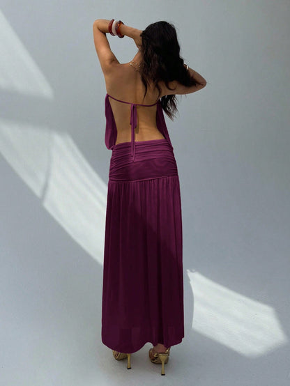 Aloruh Women's Summer Plum Elegant Strapless Backless Dress,Vacation Solid Color Drapery Design Long Dress,Umbrella Hem Sheer Outfits For Holiday