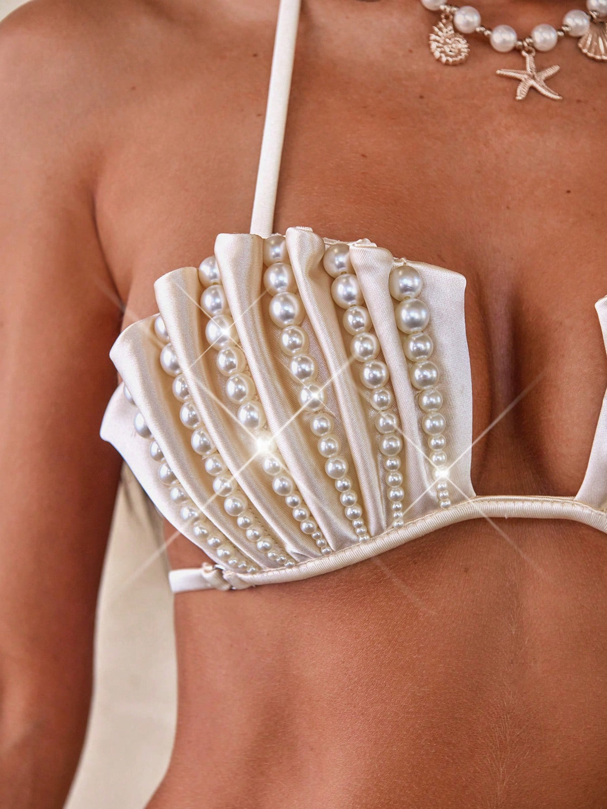 Aloruh Women's White Champagne Satin Shiny Swimwear,Shell Cup With Pearl Beaded,Elegant Summer Holiday Pool Party Music Festival Bikini Set Resort Wear