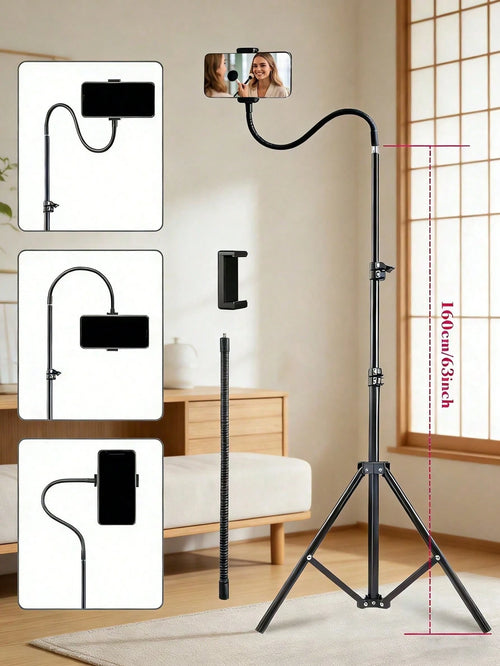 Aluminum Alloy Tripod Phone Holder With 35cm Extension Hose+1.6m Adjustable Height, Equipped For 360 ° Free Rotation, Video Live Streaming, Selfie, Suitable For Mobile Phones And Cameras,Suitable For