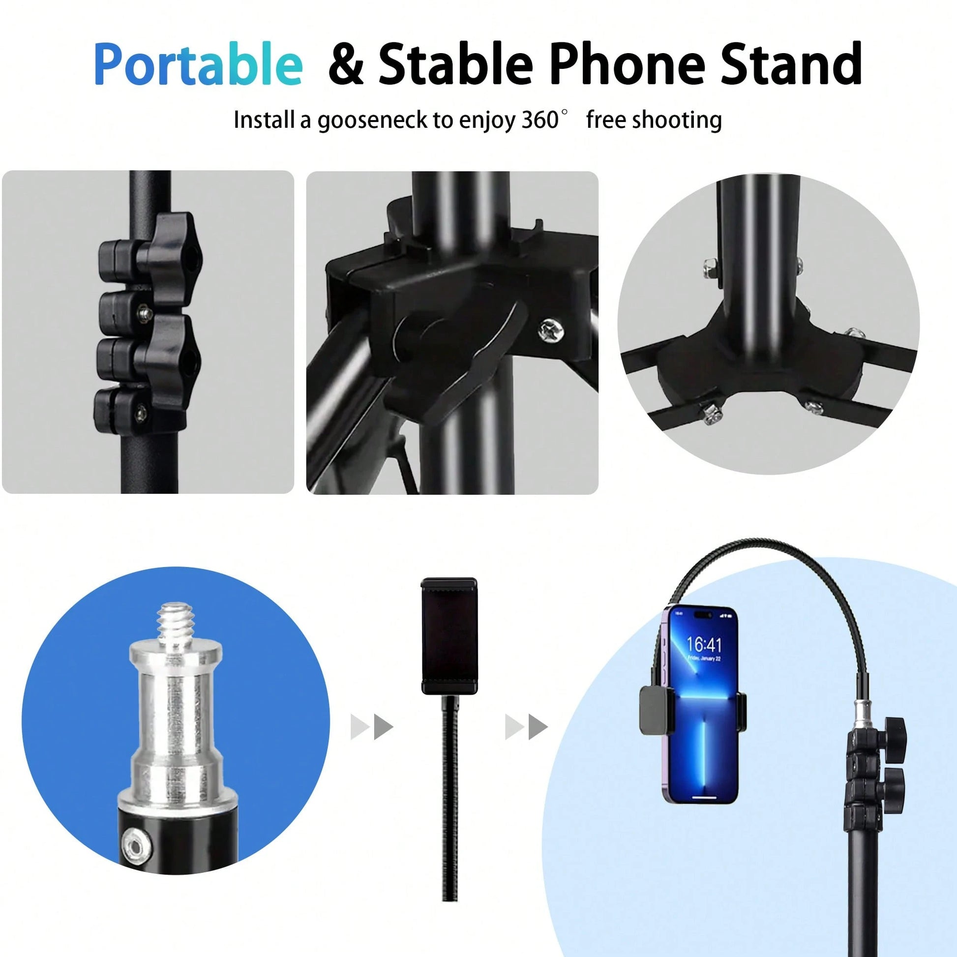 Aluminum Alloy Tripod Phone Holder With 35cm Extension Hose+1.6m Adjustable Height, Equipped For 360 ° Free Rotation, Video Live Streaming, Selfie, Suitable For Mobile Phones And Cameras,Suitable For