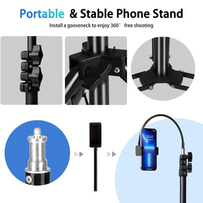 Aluminum Alloy Tripod Phone Holder With 35cm Extension Hose+1.6m Adjustable Height, Equipped For 360 ° Free Rotation, Video Live Streaming, Selfie, Suitable For Mobile Phones And Cameras,Suitable For