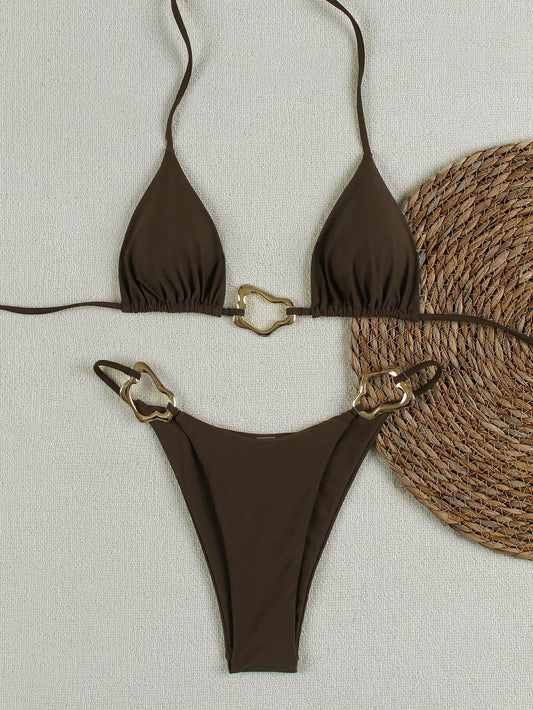 American Style Sexy Strapless Solid & Printed High Waisted Brown Bikinis Summer Spring 2026 Beach Holiday Outfitsvacation Outfits Women,Going Out Top