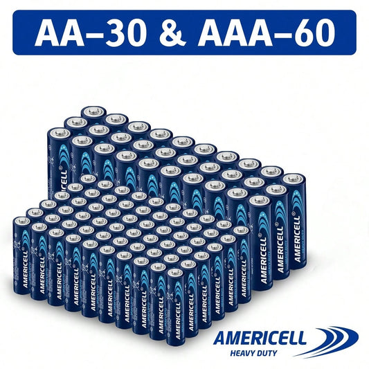 AMERICELL 90 Pcs 30AA & 60AAA Combo Pack Batteries, 1.5V Carbon Battery, Suitable For Keyboards, Clocks, Remote Controls, Toys, Flashlights, Razors, Alarm Clocks, Disposable Battery, Non-Rechargeable