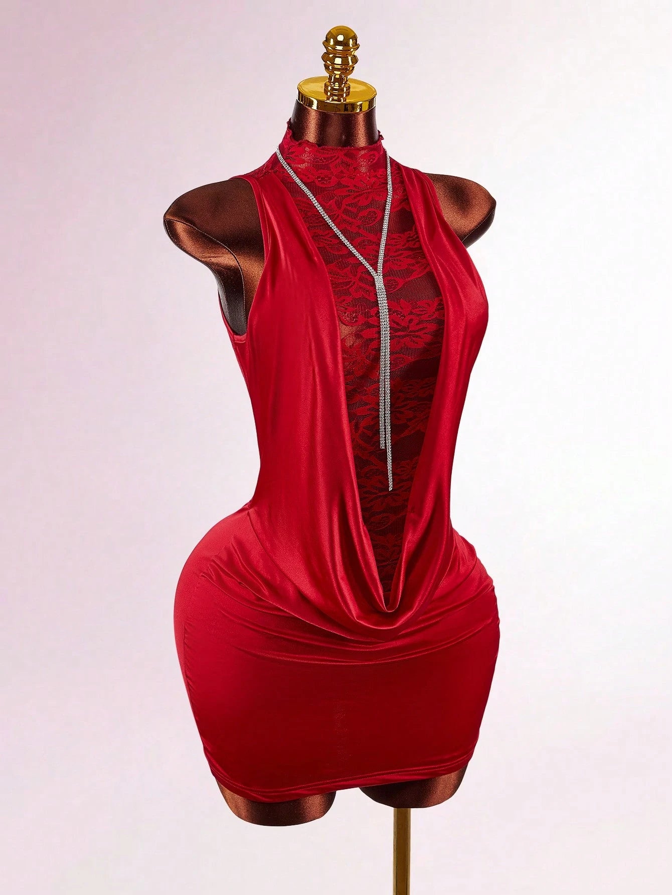 Amplova Y2K Sexy Christmas High Neck Ruffled Lace Semi-Sheer Bodycon Mini Dress, Red Floral Summer Techno Club Night Out Rave Draped Sleeveless Party Women