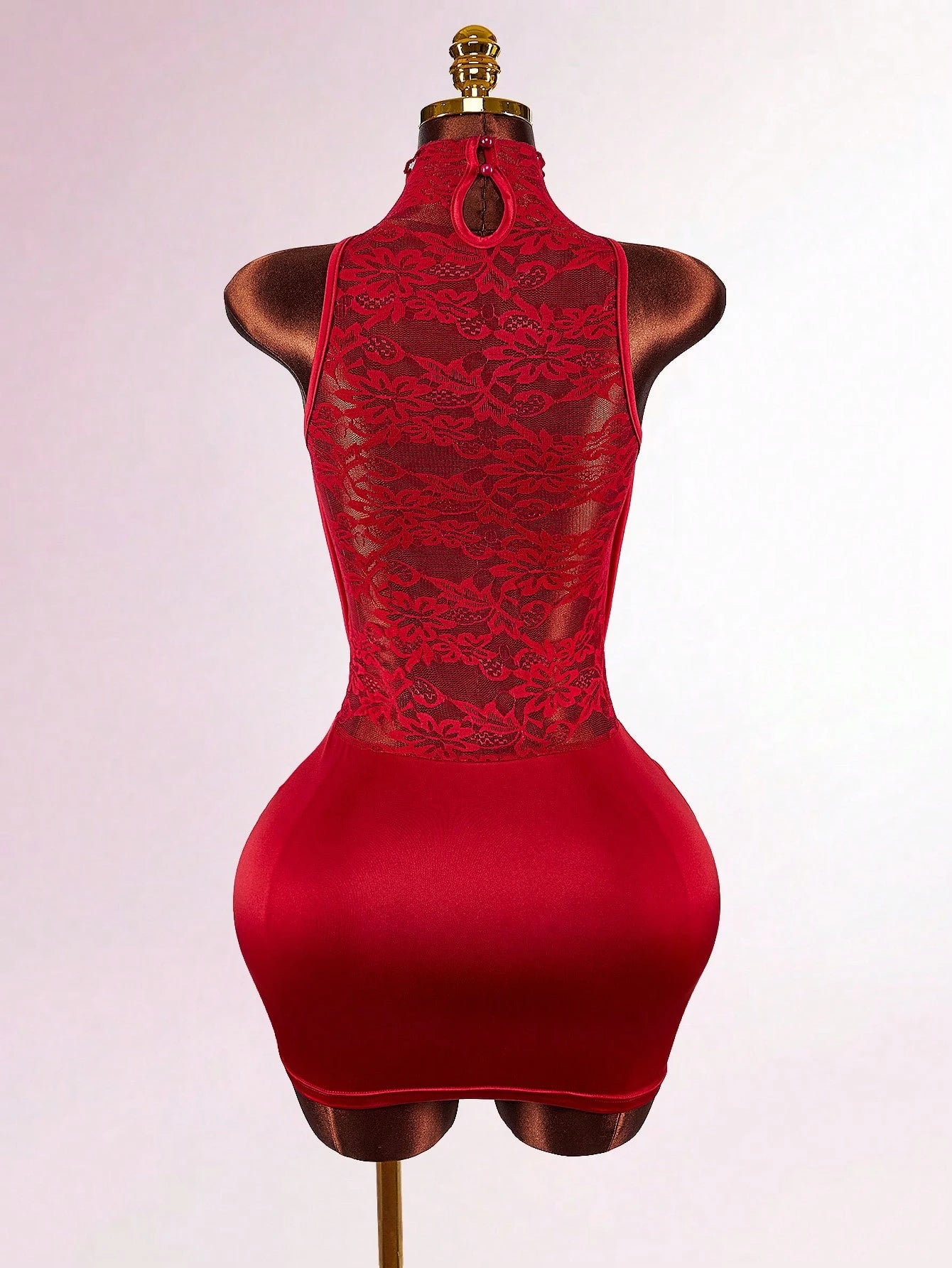 Amplova Y2K Sexy Christmas High Neck Ruffled Lace Semi-Sheer Bodycon Mini Dress, Red Floral Summer Techno Club Night Out Rave Draped Sleeveless Party Women