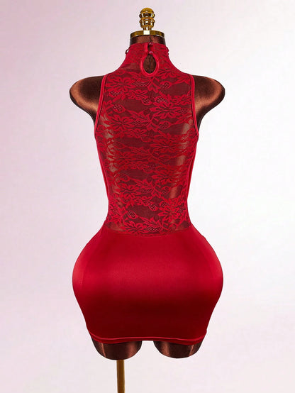 Amplova Y2K Sexy Christmas High Neck Ruffled Lace Semi-Sheer Bodycon Mini Dress, Red Floral Summer Techno Club Night Out Rave Draped Sleeveless Party Women