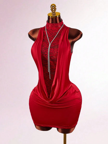 Amplova Y2K Sexy Christmas High Neck Ruffled Lace Semi-Sheer Bodycon Mini Dress, Red Floral Summer Techno Club Night Out Rave Draped Sleeveless Party Women