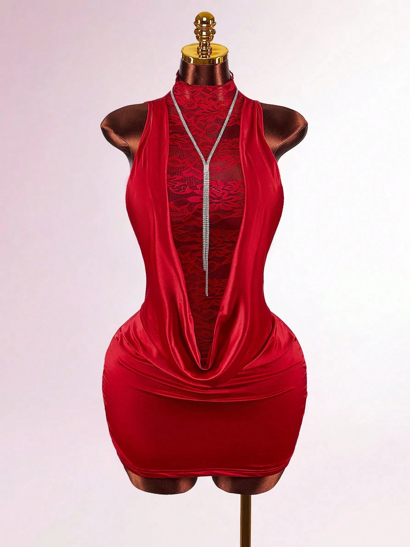 Amplova Y2K Sexy Christmas High Neck Ruffled Lace Semi-Sheer Bodycon Mini Dress, Red Floral Summer Techno Club Night Out Rave Draped Sleeveless Party Women