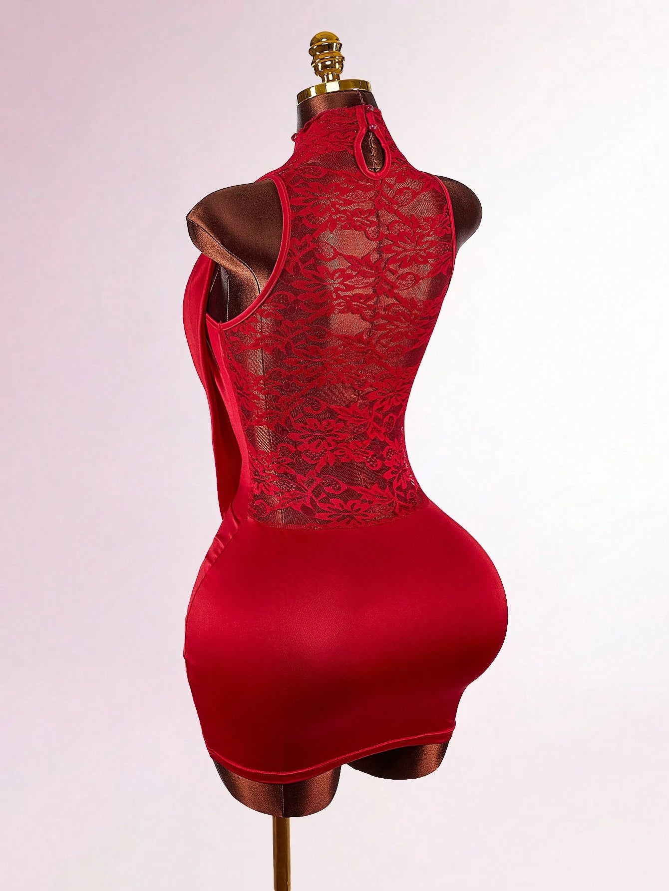 Amplova Y2K Sexy Christmas High Neck Ruffled Lace Semi-Sheer Bodycon Mini Dress, Red Floral Summer Techno Club Night Out Rave Draped Sleeveless Party Women