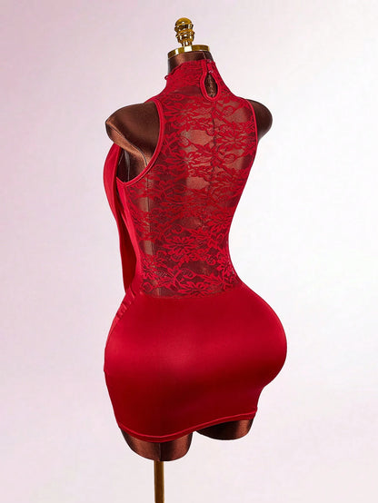 Amplova Y2K Sexy Christmas High Neck Ruffled Lace Semi-Sheer Bodycon Mini Dress, Red Floral Summer Techno Club Night Out Rave Draped Sleeveless Party Women