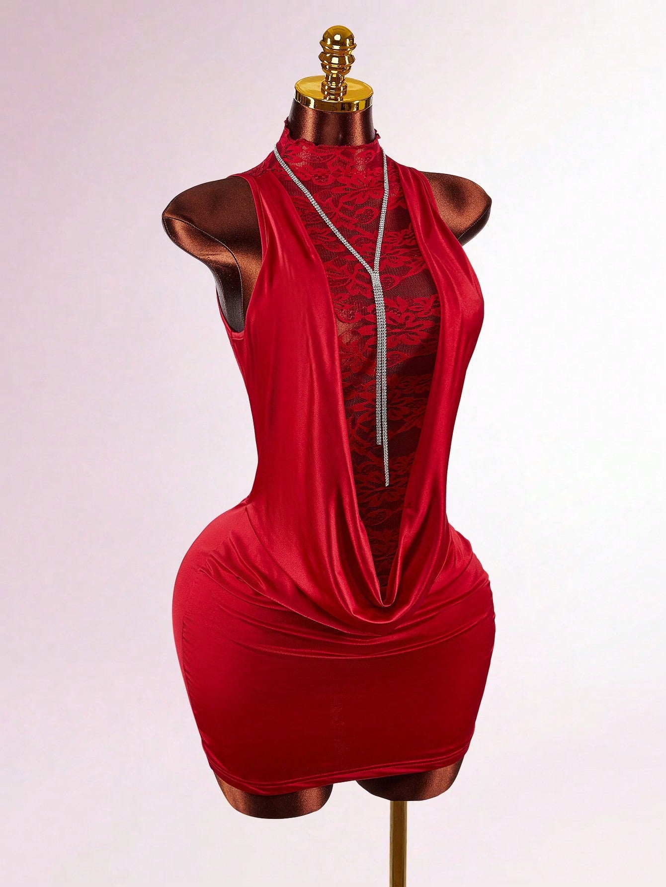 Amplova Y2K Sexy Christmas High Neck Ruffled Lace Semi-Sheer Bodycon Mini Dress, Red Floral Summer Techno Club Night Out Rave Draped Sleeveless Party Women