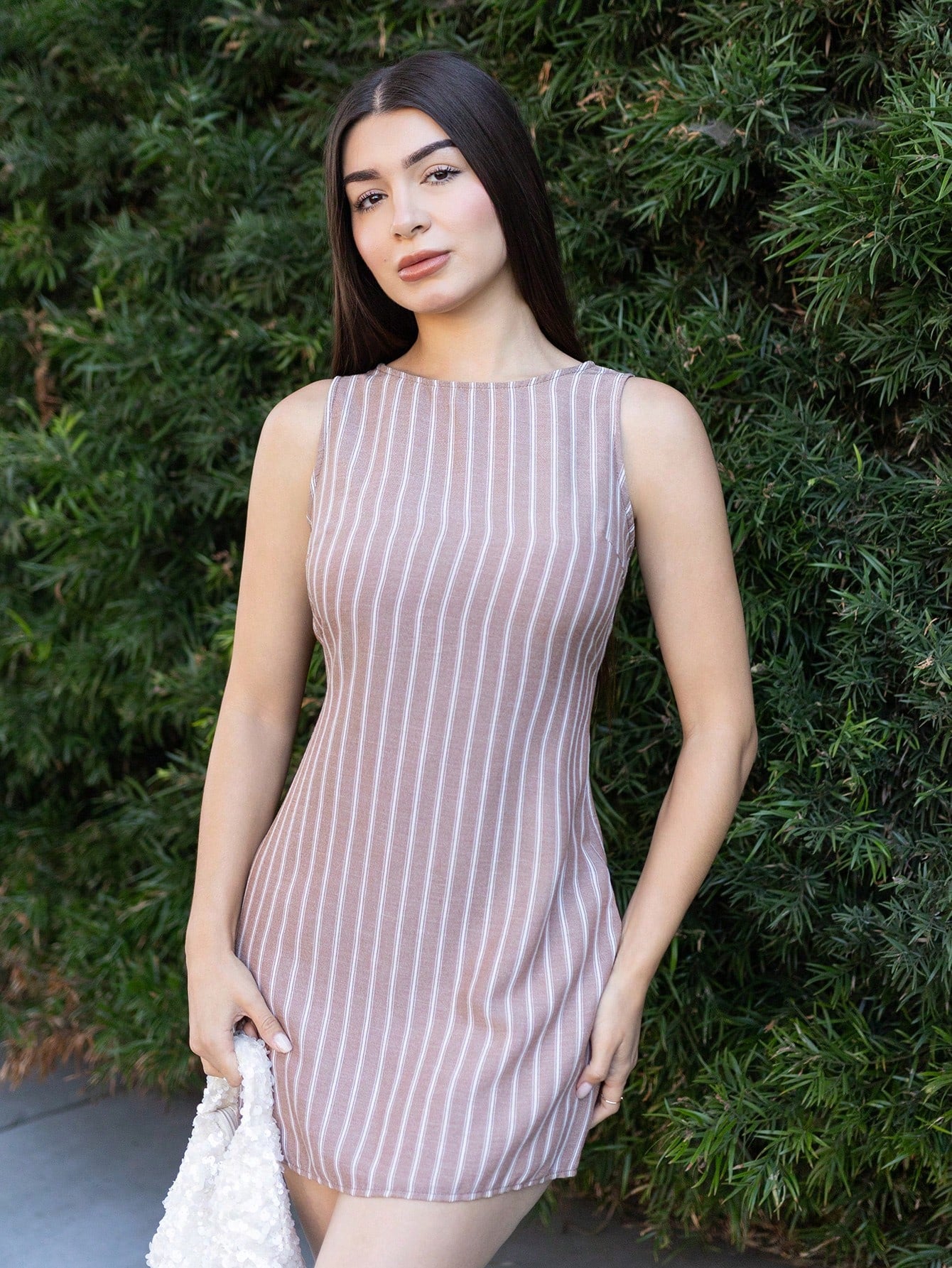 Andrea Bello Women's Casual Striped Print Sleeveless Mini Dress Summer Brown Summer Dress Tie Dress Coffee Brown Dress Earth Tone Dress,Waist-Slimming Elegant
