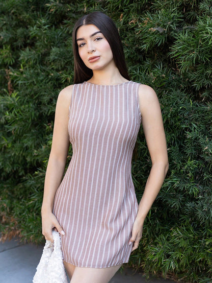 Andrea Bello Women's Casual Striped Print Sleeveless Mini Dress Summer Brown Summer Dress Tie Dress Coffee Brown Dress Earth Tone Dress,Waist-Slimming Elegant