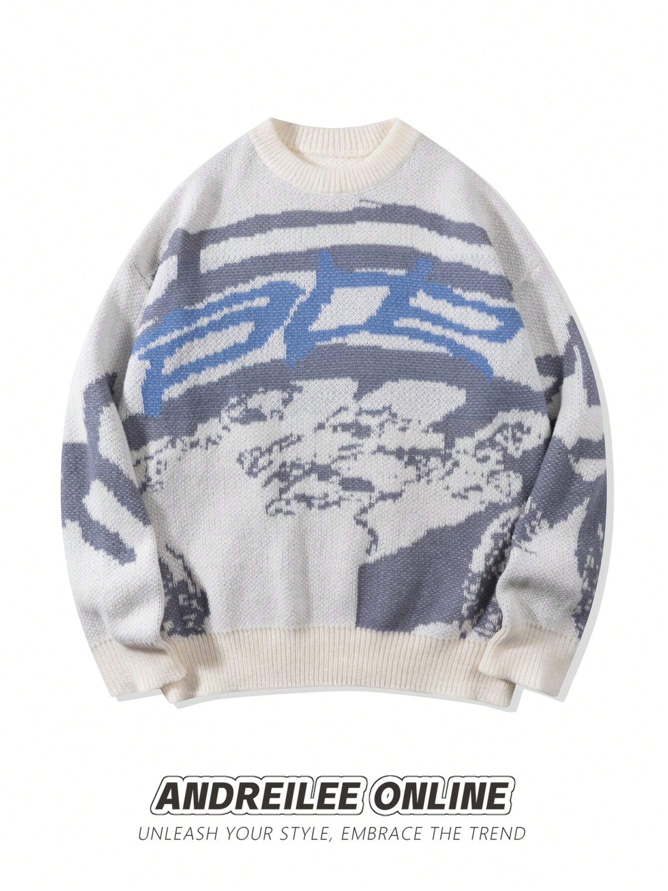 ANDREILEEANDREILEE Men's Asymmetrical Abstract Pattern Colorblock Long Sleeve Casual Loose Fit Pullover Sweater, Suitable For Spring, Autumn And Winter