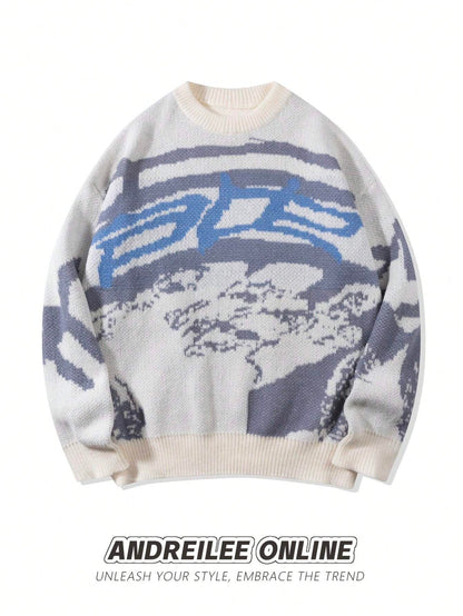 ANDREILEEANDREILEE Men's Asymmetrical Abstract Pattern Colorblock Long Sleeve Casual Loose Fit Pullover Sweater, Suitable For Spring, Autumn And Winter
