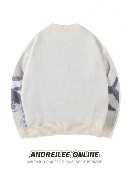 ANDREILEEANDREILEE Men's Asymmetrical Abstract Pattern Colorblock Long Sleeve Casual Loose Fit Pullover Sweater, Suitable For Spring, Autumn And Winter