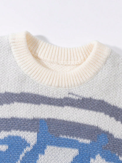 ANDREILEEANDREILEE Men's Asymmetrical Abstract Pattern Colorblock Long Sleeve Casual Loose Fit Pullover Sweater, Suitable For Spring, Autumn And Winter