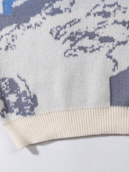 ANDREILEEANDREILEE Men's Asymmetrical Abstract Pattern Colorblock Long Sleeve Casual Loose Fit Pullover Sweater, Suitable For Spring, Autumn And Winter