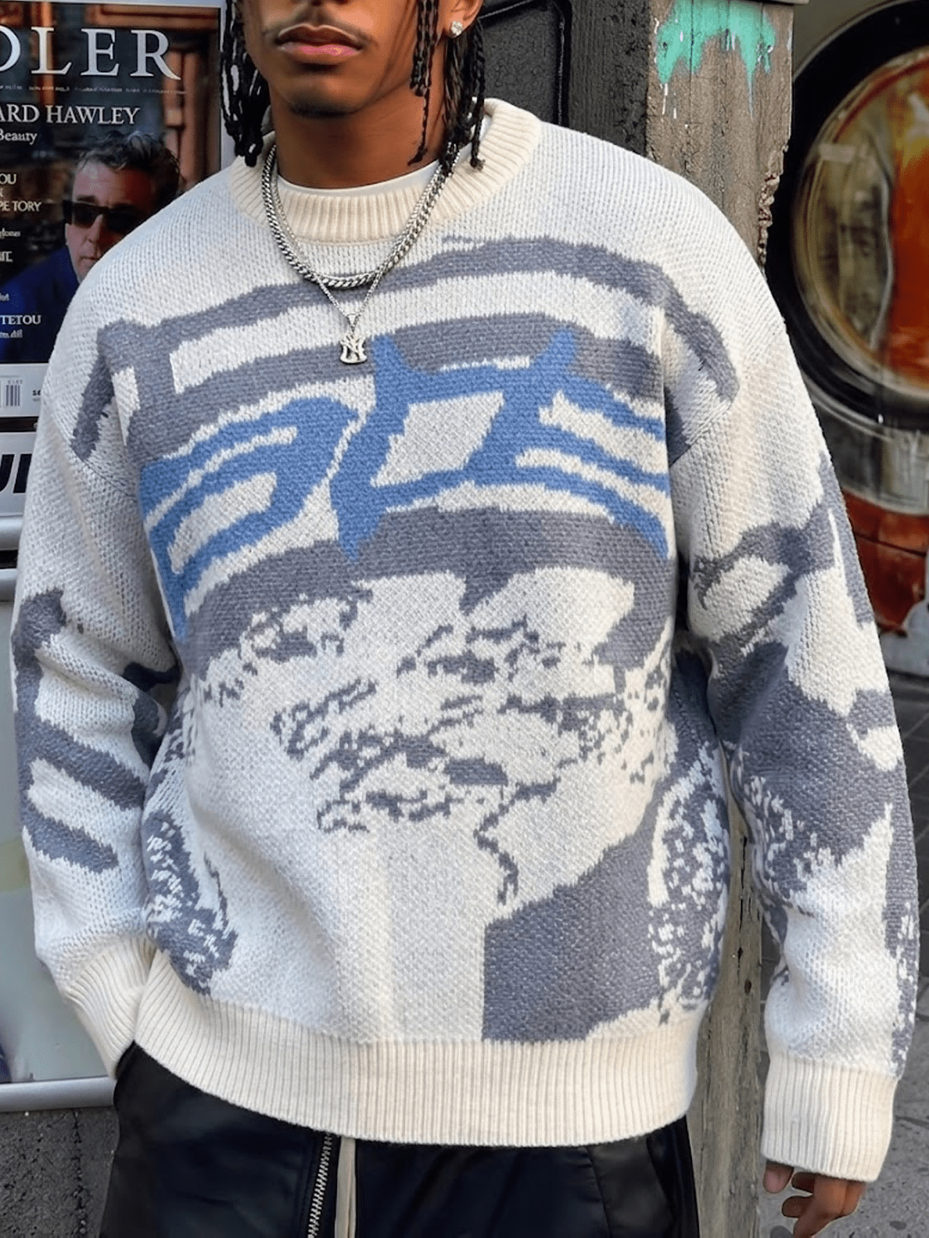 ANDREILEEANDREILEE Men's Asymmetrical Abstract Pattern Colorblock Long Sleeve Casual Loose Fit Pullover Sweater, Suitable For Spring, Autumn And Winter