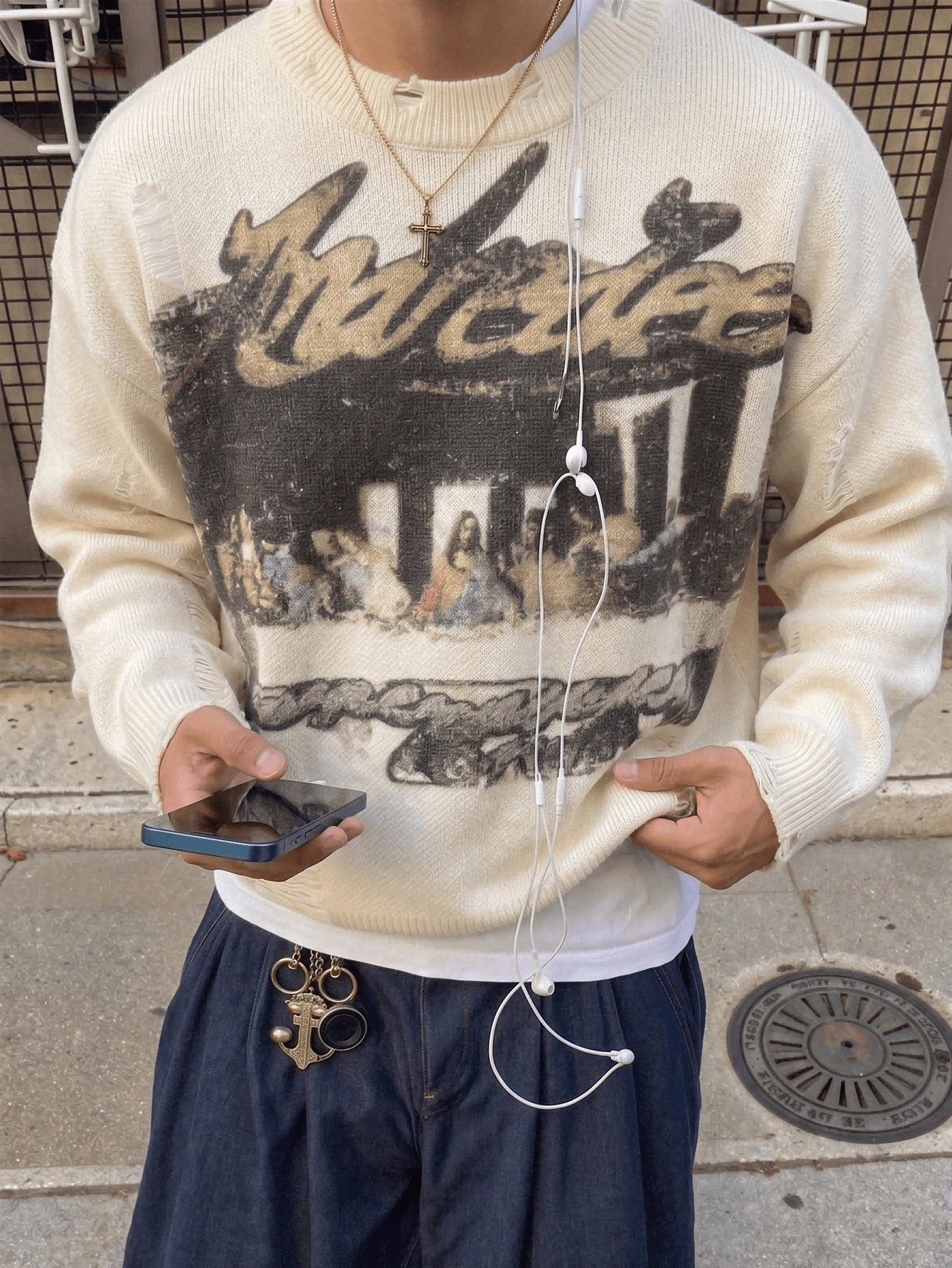 ANDREILEEANDREILEE Men's Street Fashion French Oil Painting Print Distressed Knit Sweater, Casual Crew Neck Slim Fit Pullover Knitwear For Autumn/Winter
