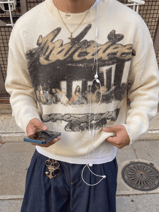 ANDREILEEANDREILEE Men's Street Fashion French Oil Painting Print Distressed Knit Sweater, Casual Crew Neck Slim Fit Pullover Knitwear For Autumn/Winter