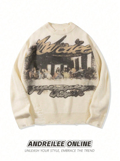 ANDREILEEANDREILEE Men's Street Fashion French Oil Painting Print Distressed Knit Sweater, Casual Crew Neck Slim Fit Pullover Knitwear For Autumn/Winter
