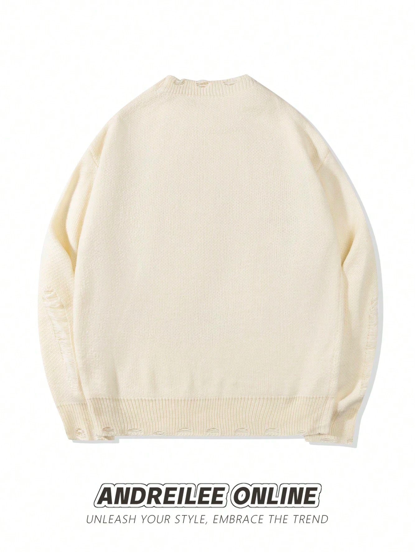 ANDREILEEANDREILEE Men's Street Fashion French Oil Painting Print Distressed Knit Sweater, Casual Crew Neck Slim Fit Pullover Knitwear For Autumn/Winter