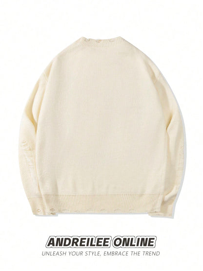 ANDREILEEANDREILEE Men's Street Fashion French Oil Painting Print Distressed Knit Sweater, Casual Crew Neck Slim Fit Pullover Knitwear For Autumn/Winter