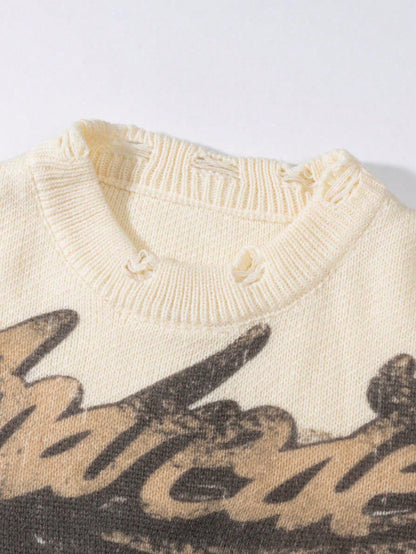 ANDREILEEANDREILEE Men's Street Fashion French Oil Painting Print Distressed Knit Sweater, Casual Crew Neck Slim Fit Pullover Knitwear For Autumn/Winter
