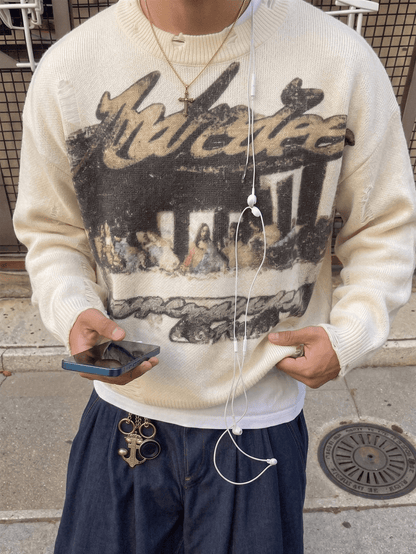 ANDREILEEANDREILEE Men's Street Fashion French Oil Painting Print Distressed Knit Sweater, Casual Crew Neck Slim Fit Pullover Knitwear For Autumn/Winter