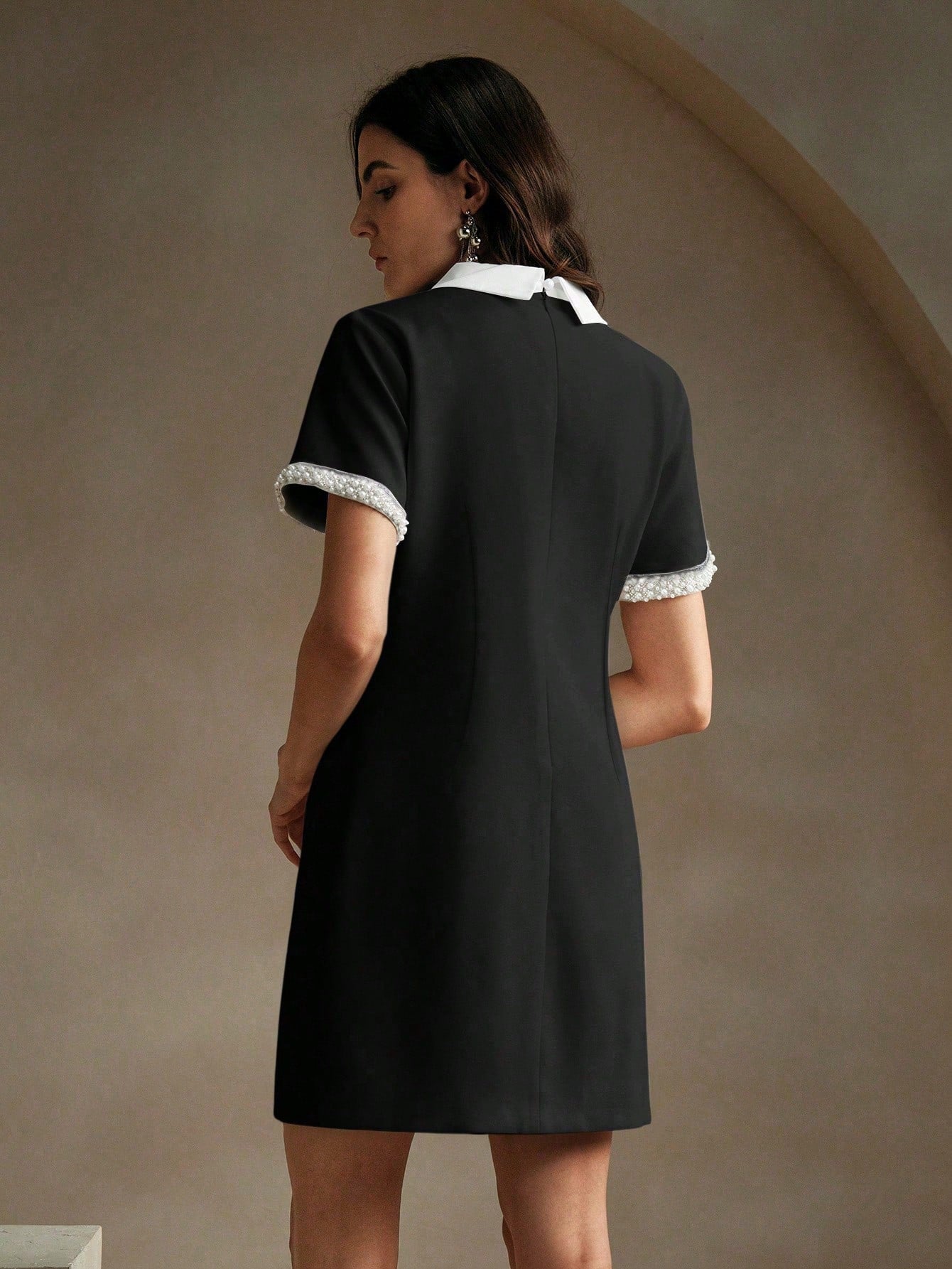 Anewsta Summer Elegant Contrast Color Block Studded Decorated Dress