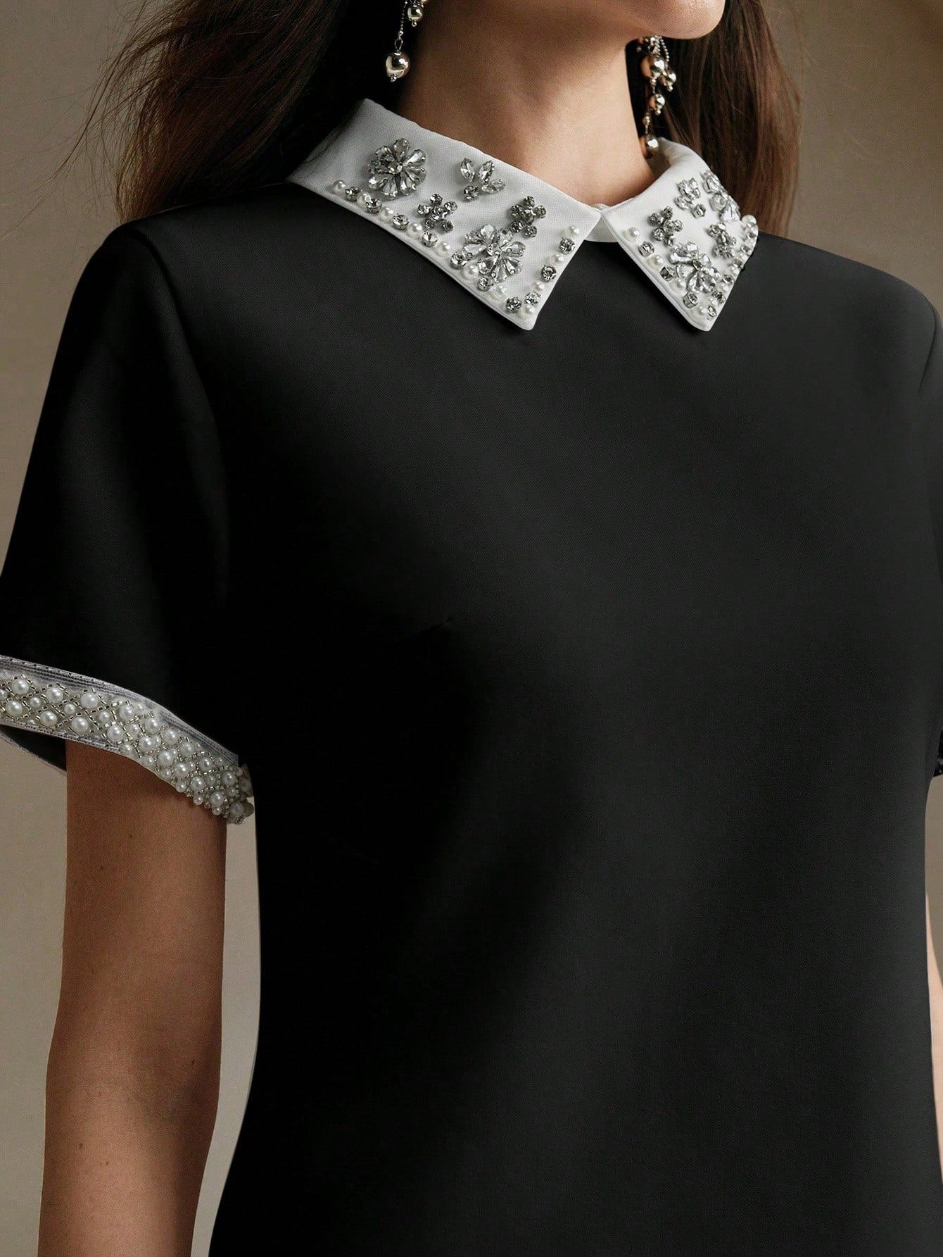 Anewsta Summer Elegant Contrast Color Block Studded Decorated Dress