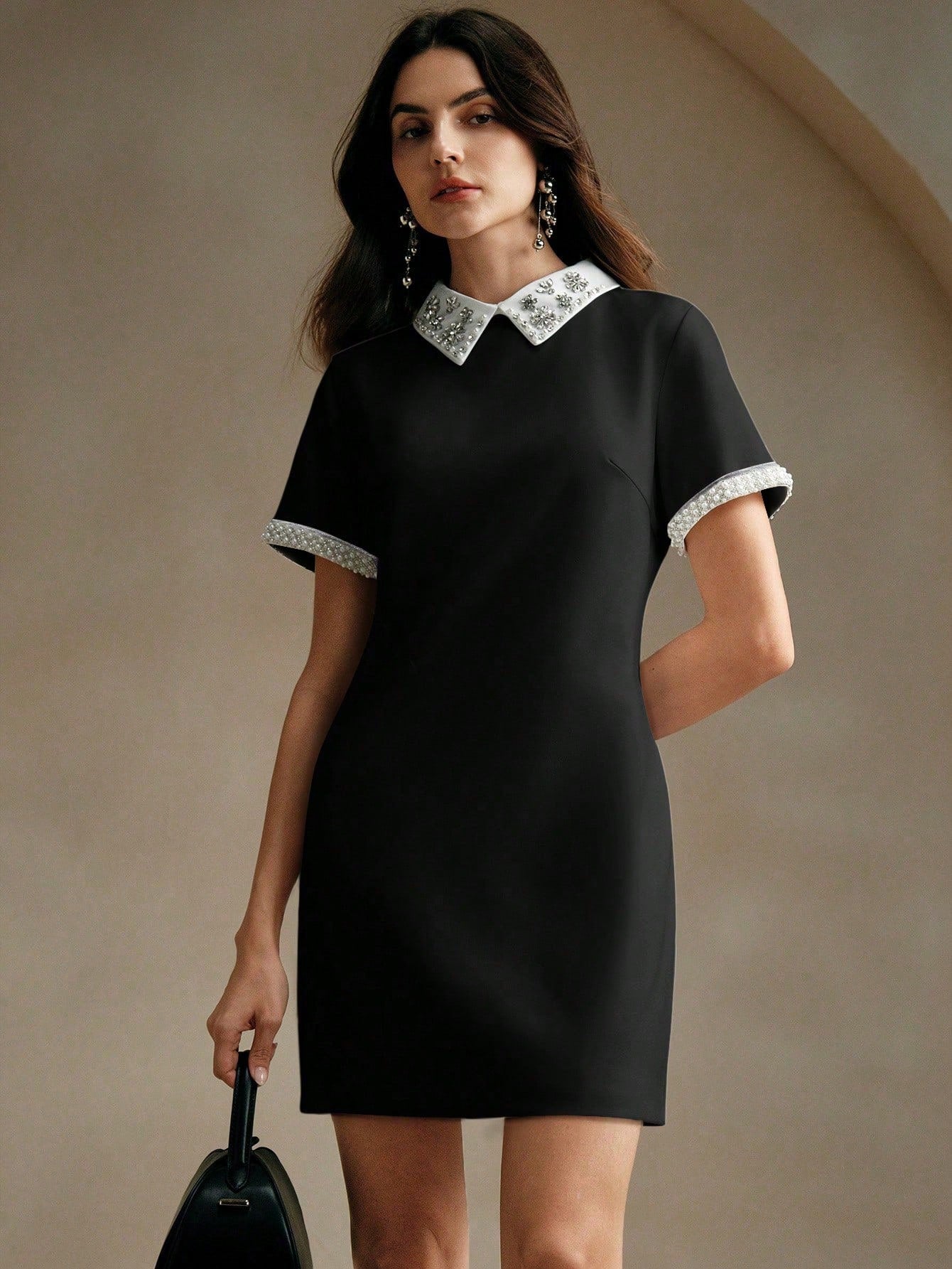 Anewsta Summer Elegant Contrast Color Block Studded Decorated Dress