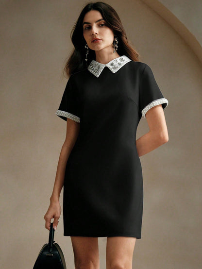 Anewsta Summer Elegant Contrast Color Block Studded Decorated Dress