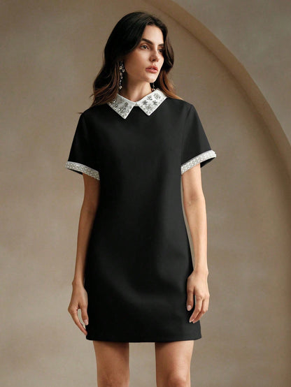 Anewsta Summer Elegant Contrast Color Block Studded Decorated Dress