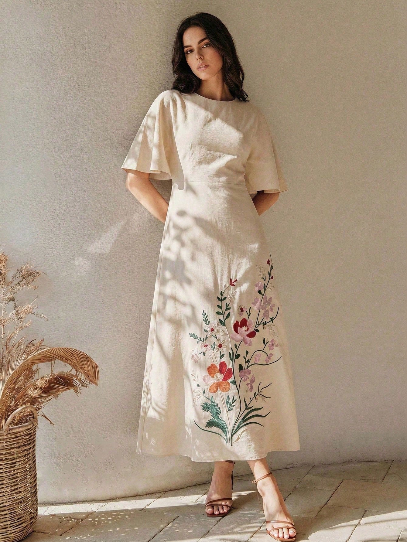 Anewsta Summer Women's Round Neck Short Sleeve Heavy Embroidery Apricot Long Elegant Dress, Elegant Dresses For Women, Apricot Dress