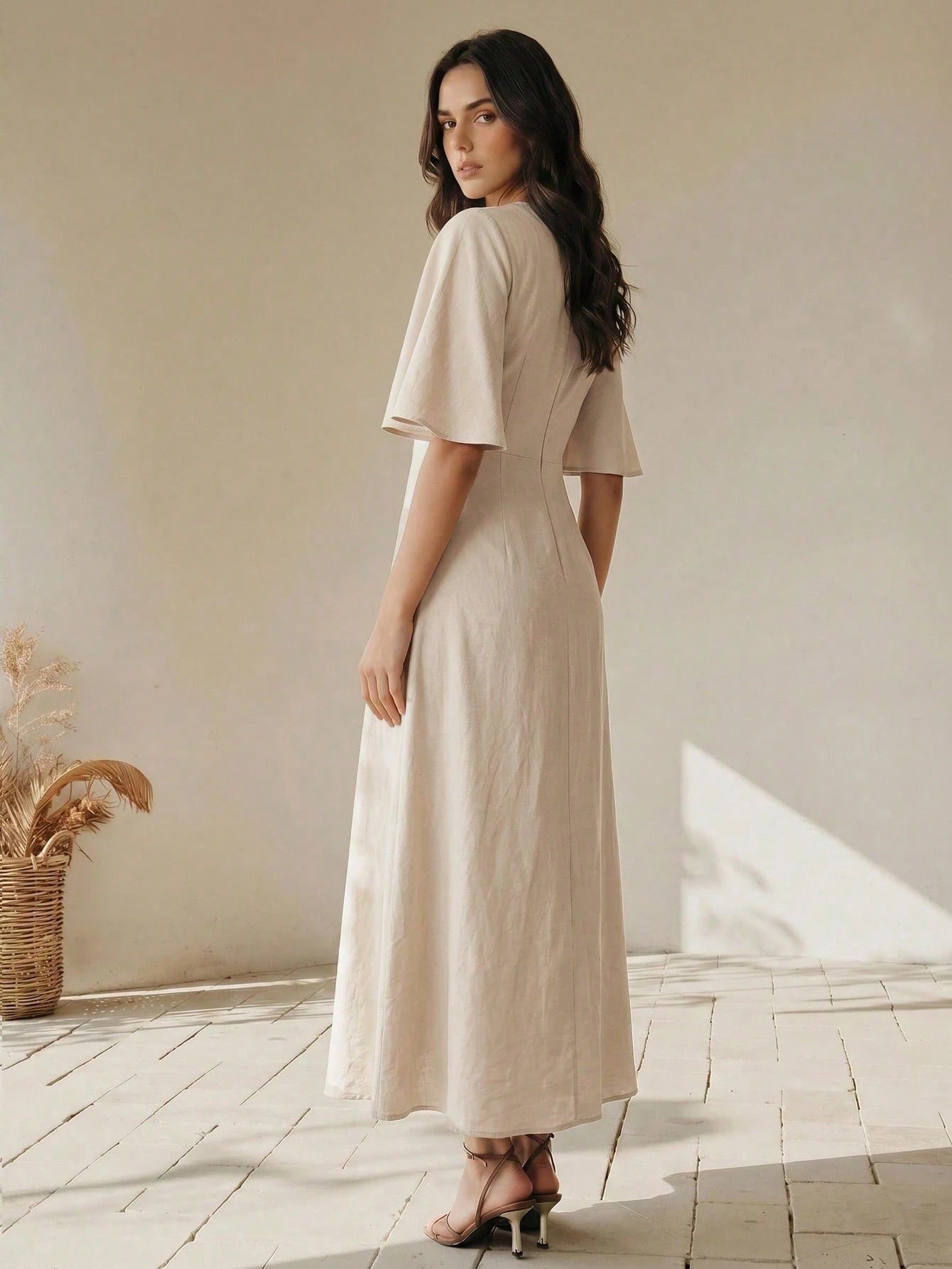 Anewsta Summer Women's Round Neck Short Sleeve Heavy Embroidery Apricot Long Elegant Dress, Elegant Dresses For Women, Apricot Dress