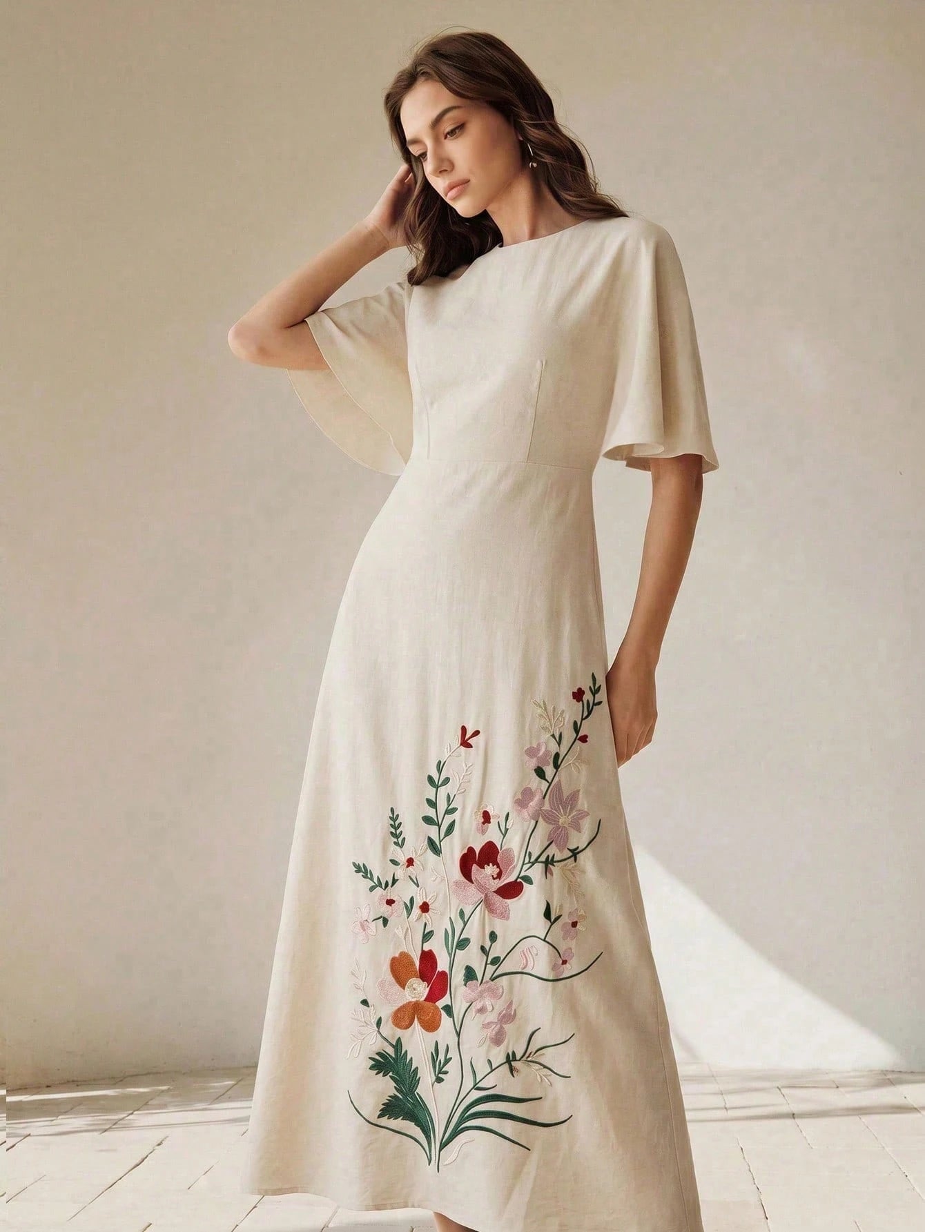 Anewsta Summer Women's Round Neck Short Sleeve Heavy Embroidery Apricot Long Elegant Dress, Elegant Dresses For Women, Apricot Dress