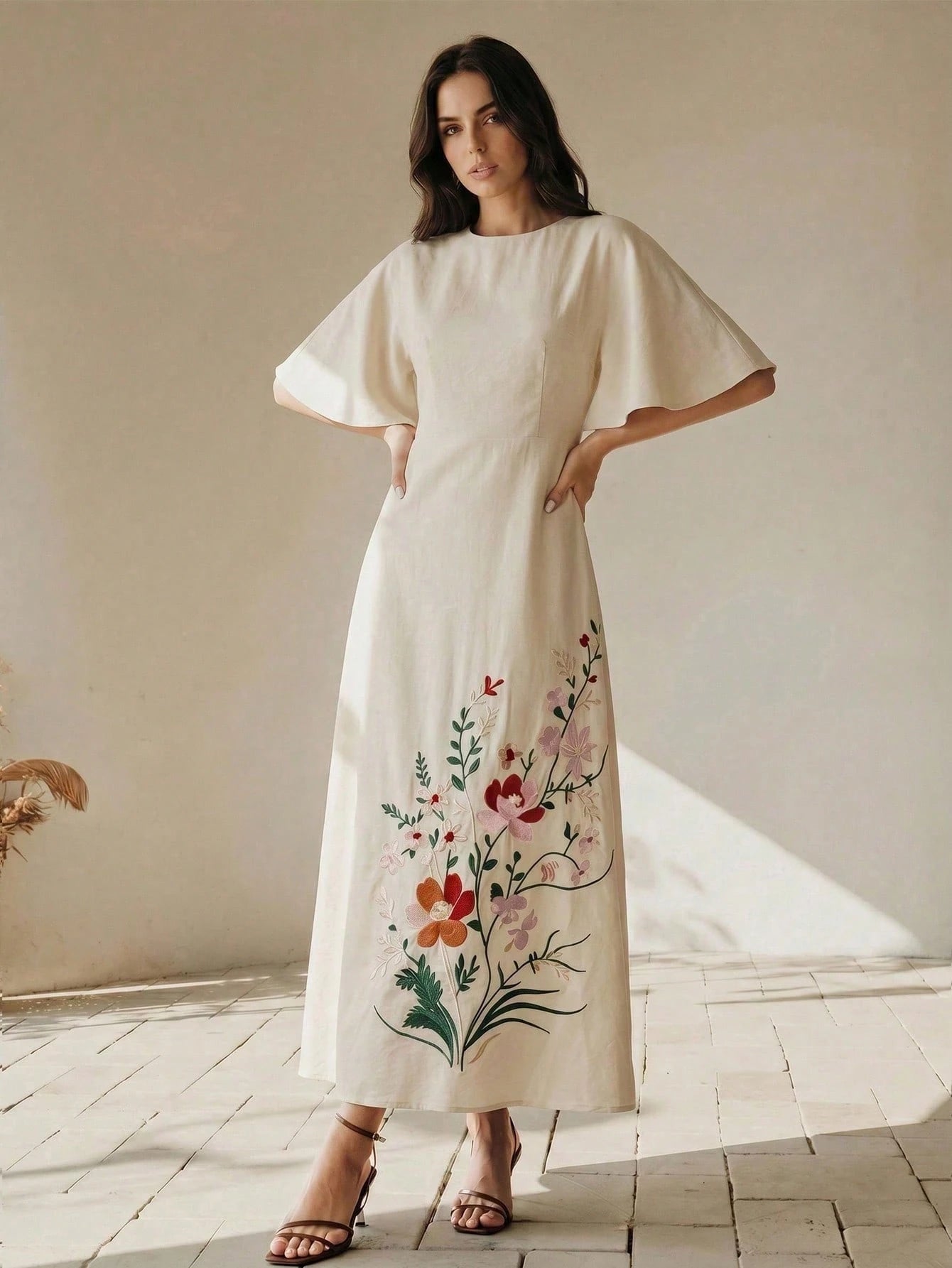 Anewsta Summer Women's Round Neck Short Sleeve Heavy Embroidery Apricot Long Elegant Dress, Elegant Dresses For Women, Apricot Dress